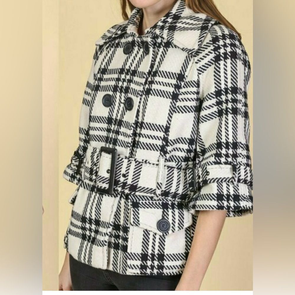 Jou Jou Wool Blend Black/White Plaid Double Breasted Pea Coat Women Size Small